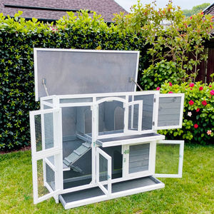 SDR050 SHUNDA Lüks Çevre Dostu Ahşap Tavşan Evi, Baskılı Tasarım, Açık Alan Kulübesi, Tepsili ve Tekerlekli, 2 Tavşan İçin Gri - Product Image 5