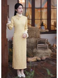 Nuevo <span class=keywords><strong>Cheongsam</strong></span> Chino Ecowalson 2025, Invierno, Terciopelo Grueso, Amarillo, Elegante, Estilo Retro, para Mujer Joven, de Alta Gama, Manga Larga - Product Image 1