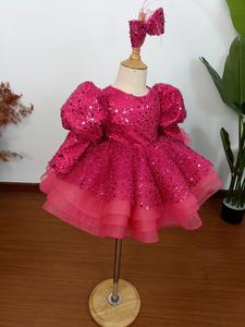 2024 yeni özel pullu kırmızı çiçek kız elbise parti giyim çocuk 1 yaşında bebek doğum günü kabarık prenses pembe mavi kabarık Dr - Product Image 2