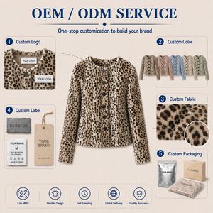 Veste en fausse fourrure imprimé léopard pour <span class=keywords><strong>femme</strong></span>, vente en gros ODM, logo personnalisé, faible MOQ, manteau court chaud à col ras du cou boutonné pour <span class=keywords><strong>femme</strong></span> - Product Image 2