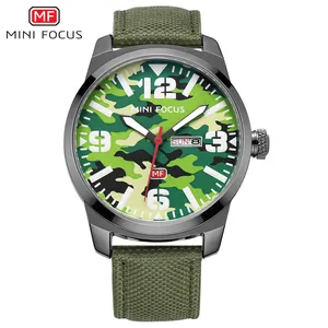 Mini Focus Mf 0032G Goedkope Groene Quartz Horloge Mannen Camouflage Wijzerplaat Hoge Kwaliteit Nylon Band Date Week Waterdicht Polshorloge