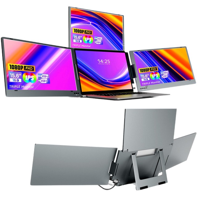 Quad Laptop Monitor Screen Extender 15.6inch Full HD 1080P LCD Display Portable Monitor for Business 1 Cable for 3 Screens