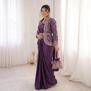 Designer Ready to Wear Saree Set Heavy Satin Saree with Embroidered Blouse Satin Saree with Designer <b>Jacket</b> for <b>Womens</b> at Best - Product Image 1
