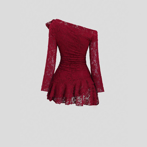 Robe <span class=keywords><strong>rouge</strong></span> en dentelle à épaules dénudées, manches longues, encolure asymétrique, robe de soirée décontractée - Product Image 2