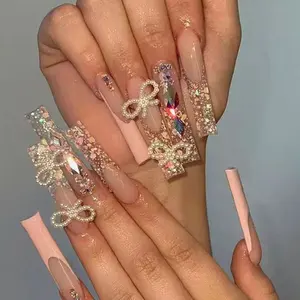 Jofay Fashion Press on Nails with Heart Big Rhinestones, Luxury Nude French  Coffin Stick on Nails
