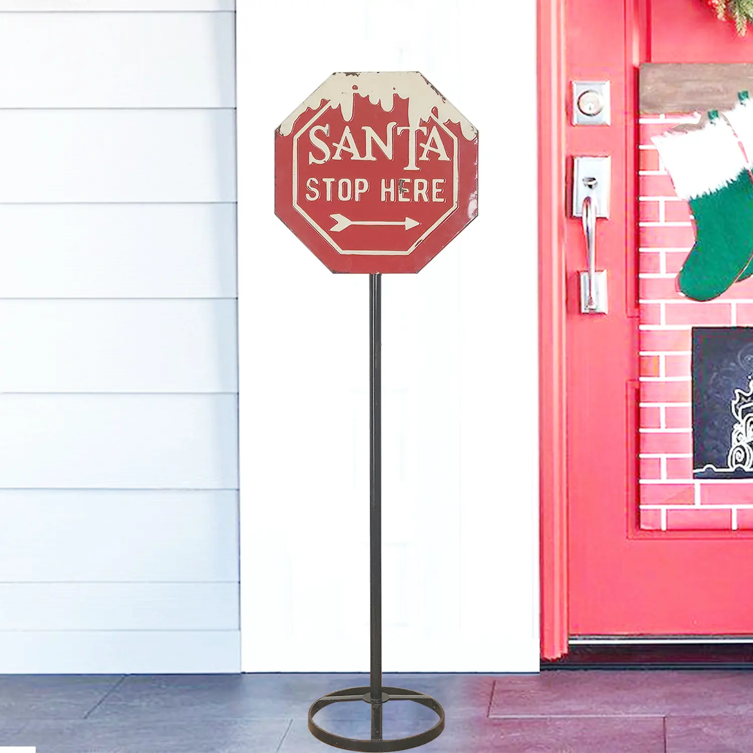 HYKING Christmas Santa Stop Here Metal Signs Decoration Indoor Outdoor Christmas Decoration with Stand