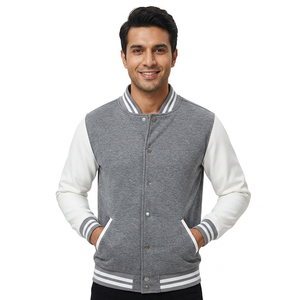 <b>Brushed</b> sleeve varsity Jacket for men with striped rib neck front <b>smooth</b> inside and bold arm contrast for street daily look - Product Image 1