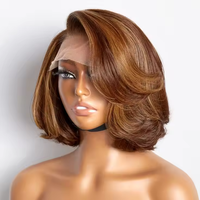 Perruque Humaine Luxe avec Mèches Colorées 5x5, Lace Closure, Cheveux Courts Dégradés, Ondulés, Lace Frontal, Coupe Pixie Bob