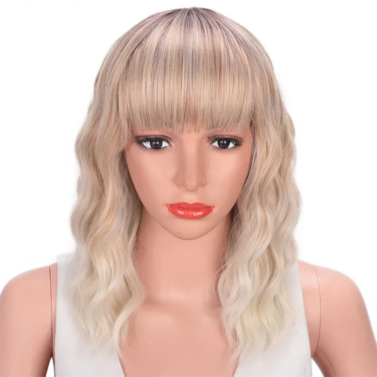 Vigorous Wavy Short Bob with Air Bangs Shoulder Length Curly Synthetic Cosplay Ombre Blonde Bob Wig for Girl