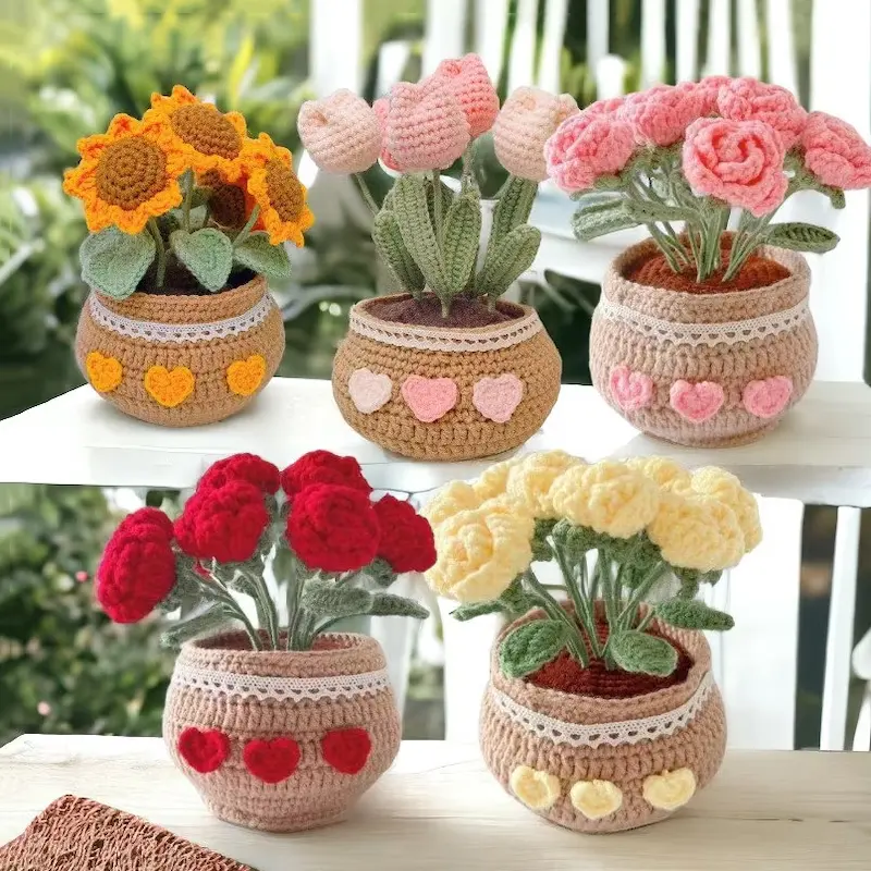 Produit fini Crochet Pot de fleur Crochet Fleurs dans Pot de fleurs Tricoté Tournesol Tulipe Rose Pots Crochet Plantes en pot