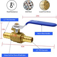 Robinet à bille en laiton PEX avec poignée rouge et bleue, raccord à sertir, robinet à bille en laiton pour tuyau PEX, plomberie, alimentation en eau