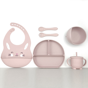 Juego de alimentación de silicona para bebé con patrón de baberos, placa de succión y taza de pajita para bebé, vajilla de comedor, juego de cubiertos Babero - Product Image 3