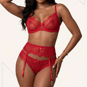 Vente en gros d'usine : Ensembles de lingerie sexy en dentelle rouge pour femmes, lingerie érotique, robe de demoiselle d'honneur, ensemble de soutien-gorge transparent en dentelle pour la Saint-Valentin - Product Image 2