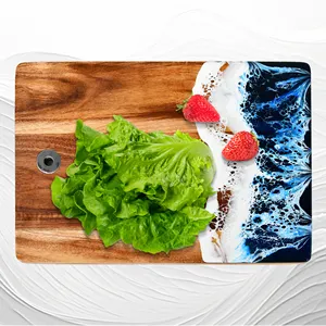 Youlike Handcrafted Good Quality Hot Sales Delicate Ocean Pattern Resin Acacia Wood Rectangle Cutting Board