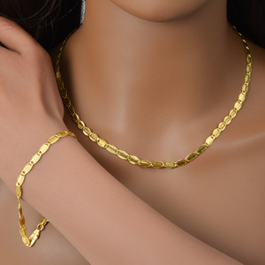 Unisex Classic Anniversary 18K Gold Plated Smooth Oval Embossed Narrow Lightweight <b>Matching</b> Necklace Set <b>Bracelets</b> - Product Image 2
