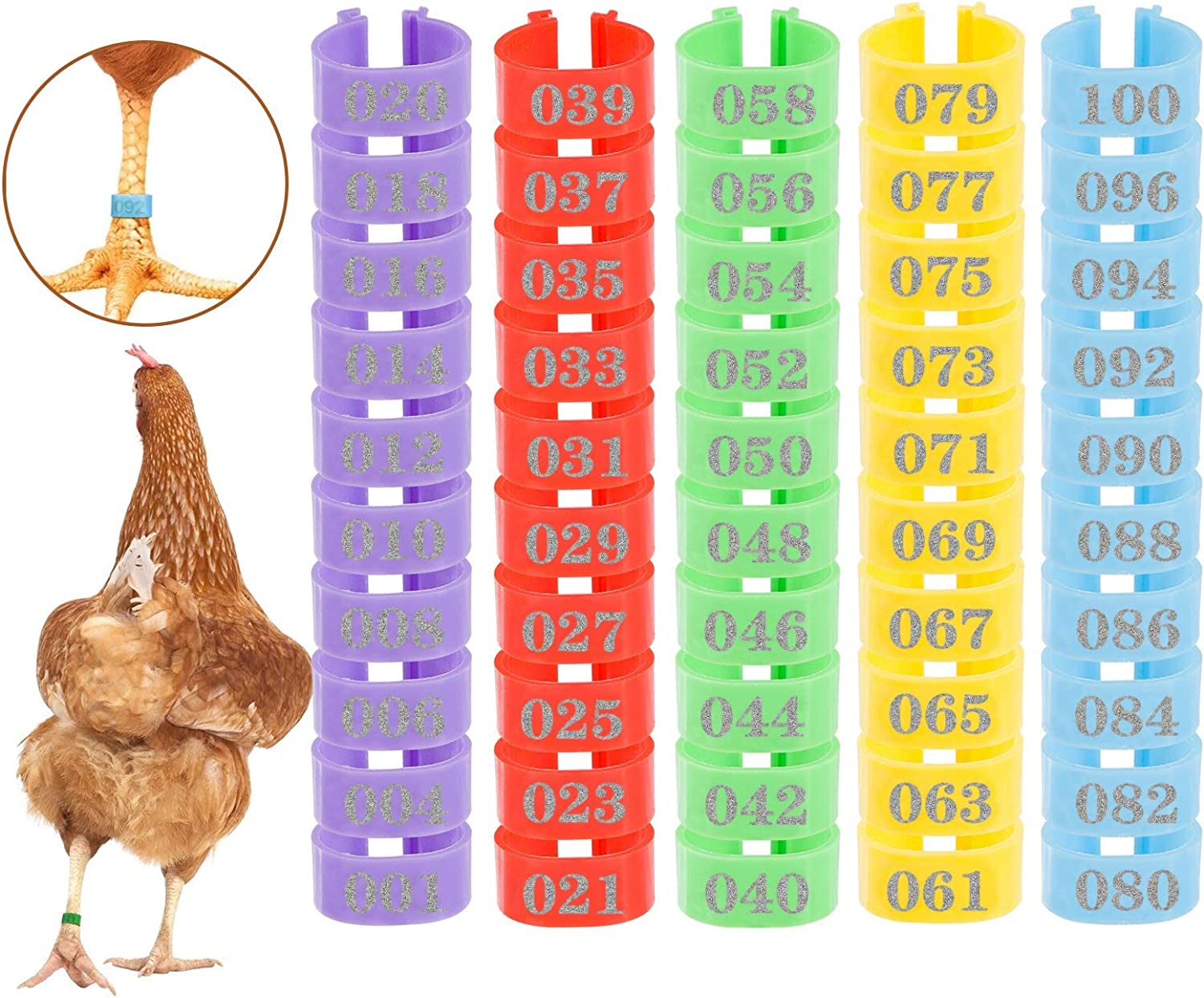 100 조각 다채로운 식별 번호 나선형 가금류 발목 날개 밴드 클립 오리 거위 치킨 마킹 다리 마킹 링
