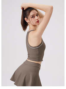 Top corto acanalado para mujer al por mayor, con espalda cruzada, ribete en contraste, acolchado, para yoga, entrenamiento, running, pilates, gimnasio, ajuste ceñido, OEM ODM - Product Image 2