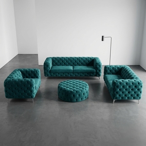 Ensemble de canapé en velours tufté bleu sarcelle avec ottoman, style moderne minimaliste, décoration de style béton pour un <span class=keywords><strong>salon</strong></span> spacieux - Product Image 1