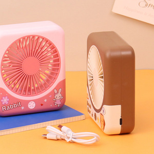 Cartoon Cute Three Speed <b>Large</b> Airflow Led Light <b>Desk</b> Fan Quiet Usb Rechargeable Handheld Small Square Fan - Product Image 1