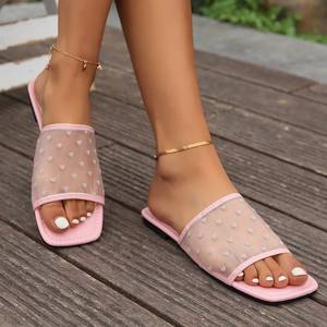 Sandales décontractées pour femmes, mules et claquettes d'été en cuir PU, sandales plates à bout carré tendance, vente en gros - Product Image 4