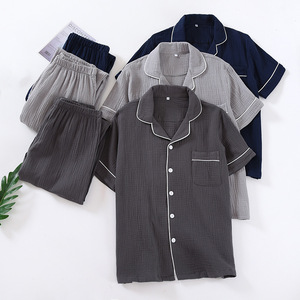 Tuta da <span class=keywords><strong>uomo</strong></span> Casual per la casa <span class=keywords><strong>pigiama</strong></span> a <span class=keywords><strong>maniche</strong></span> <span class=keywords><strong>corte</strong></span> 100% cotone traspirante crêpe stile semplice - Product Image 3