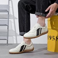 Sepatu Sneakers Kulit Asli Pria Retro Low Top, Sepatu Kasual Garis Samping Hitam, Sol Karet Gum Dot Tread, Alas Kaki Jalan Kaki Grosir