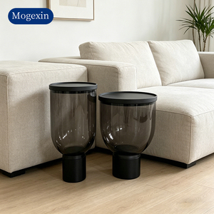 Modern Minimalist Smoke Grey Glass <b>Side</b> <b>Table</b> Creative Goblet Shaped Accent End <b>Table</b> With <b>Black</b> Base For Living Room Home - Product Image 2