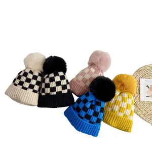 Customized baby fall and winter knit hat checkerboard roll elastic wool hat Knitted Hat Pom Pom