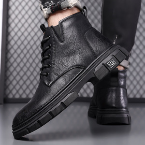 Bottes Martin pour hommes, hauteur cheville, bout rond, talon plat, doublure en fourrure, semelle extérieure en caoutchouc antidérapante, à lacets, chaussures d'hiver - Product Image 4