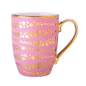 定制印花11盎司新款骨瓷粉色杯，带金色手柄边缘家用茶定制咖啡杯陶瓷促销礼品