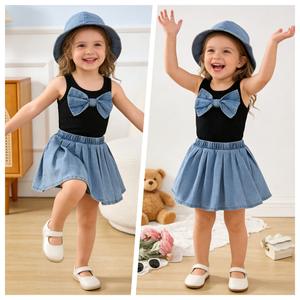 Set Estivo per Bambine con Gilet Senza Maniche con Fiocco, Gonna in Denim Stile Principessa Retrò e Cappello - Product Image 2