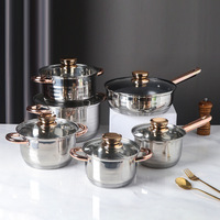 Ensemble de 12 ustensiles de cuisine antiadhésifs avec poignées dorées, comprenant casseroles à lait et soupes, design minimaliste moderne, couvercles en verre, pour le commerce transfrontalier