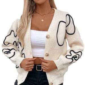 Venta al por mayor nuevo diseño de moda de las mujeres cárdigan patrón irregular cuello en V Botón de manga larga y transpirable para el invierno - Product Image 1