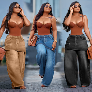 ZHEZHE Vêtements pour femmes, style américain rétro, faux deux-pièces, jean en denim à jambe <span class=keywords><strong>large</strong></span>, <span class=keywords><strong>taille</strong></span> <span class=keywords><strong>haute</strong></span>, coupe ample, <span class=keywords><strong>pantalon</strong></span> cache-culotte - Product Image 1