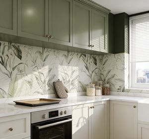 Armoires de cuisine modulaires européennes sur mesure (vert olive et blanc) |   Quincaillerie en laiton et crédence tropicale |   Portes à fermeture douce - Product Image 4