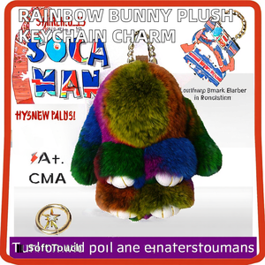 Arc-en-ciel rose moelleux lapin lapin en peluche porte-clés doux mignon fausse fourrure voiture pompon sac à main pendentif à breloque - Product Image 2