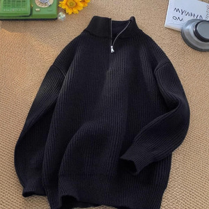 Suéter masculino de outono-inverno com gola alta, zíper até a metade, cor sólida, grosso, quente, solto e casual, de manga comprida. - Product Image 6