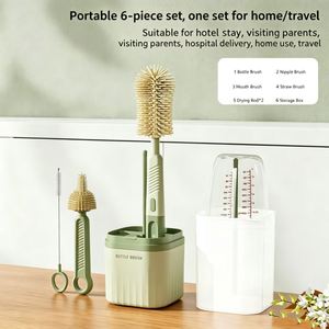 6 in 1 Baby Silicone Portable Feeding <b>Bottle</b> <b>Brush</b> Set Baby Cleaning <b>Brush</b> Travel Case with Drying Rack Effortless Scrubbing - Product Image 6