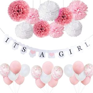 Decorazioni per Baby Shower per Bambine, Baby Shower Rosa e Bianco, Striscione 'È una Bambina', Coriandoli, Palloncini, Pompon di Carta per Baby Shower - Product Image 1