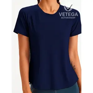 Vetega <b>Men's</b> High Elastic Breathable Short Sleeve Round Neck Navy Blue Sporty <b>T</b>-<b>Shirt</b> With Lyrics Print Knitted Fabric Regular F - Product Image 6