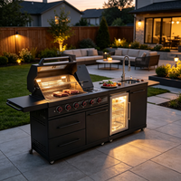 Îlot de cuisine extérieur modulaire en acier inoxydable avec barbecue à gaz 4 brûleurs, évier et réfrigérateur intégré pour villa, patio et jardin
