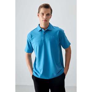 T-shirt basique pour homme en coton bleu pétrole, col polo, coupe ample, épais et doux, texturé - 88382 - Bleu pétrole - Product Image 4