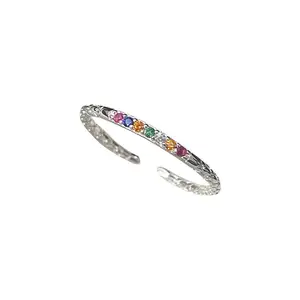 Fashion Classic S925 Sterling Silver Pave Rainbow Zircon Open Rings Adjustable Colorful Cubic Zirconia 925 Silver Open Ring