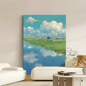 Peinture à l'huile peinte à la main style Miyazaki Hayao, ciel bleu, nuages blancs, 120x180cm, art décoratif pour salon, décoration murale - Product Image 2