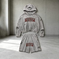 Ensemble sweat à capuche et short à cordon personnalisés pour homme, avec trous déchirés et empiècements en maille – Vêtements OEM ODM