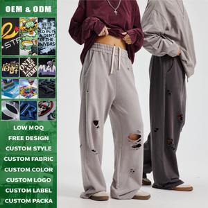 Pantalon en coton déchiré, délavé, effet usé, coupe ample, poids lourd, haute qualité, logo personnalisé pour petites commandes - Product Image 2