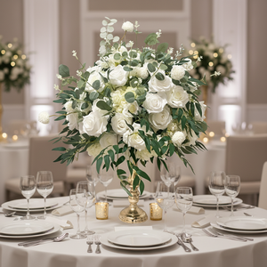 KEWEI-J939 Bouquet de fleurs artificielles avec feuilles d'eucalyptus vertes et <span class=keywords><strong>roses</strong></span> blanches pour centre de table de mariage - Product Image 1