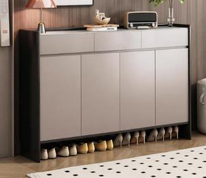 Meuble à chaussures moderne et mince, écologique et durable, avec rangement inférieur ouvert, organisateur <span class=keywords><strong>d</strong></span>'entrée à 3 portes, finition beige et noir, gain de place, pour salle de sport - Product Image 1