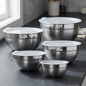 Ensemble de 5 bols mélangeurs en acier inoxydable écologique non revêtu, personnalisables, avec base antidérapante, pour salades, légumes et aliments - Product Image 1