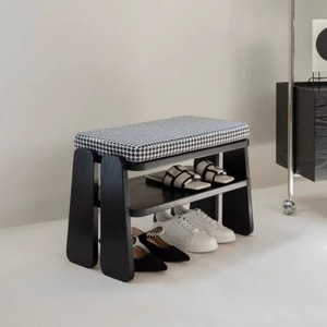 Solid Wood Shoe Bench With Storage Black Checkered <b>Cushion</b> Entryway <b>Stool</b> Minimalist Design For Home Use - Product Image 1